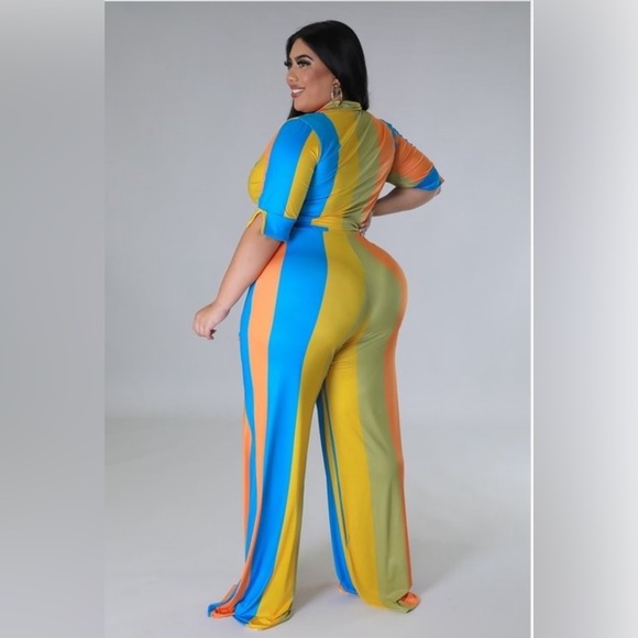 Women’s Plus Size Multi Color Two Piece Collar Self Tie Crop Top Wide Pants Set - Picture 5 of 14